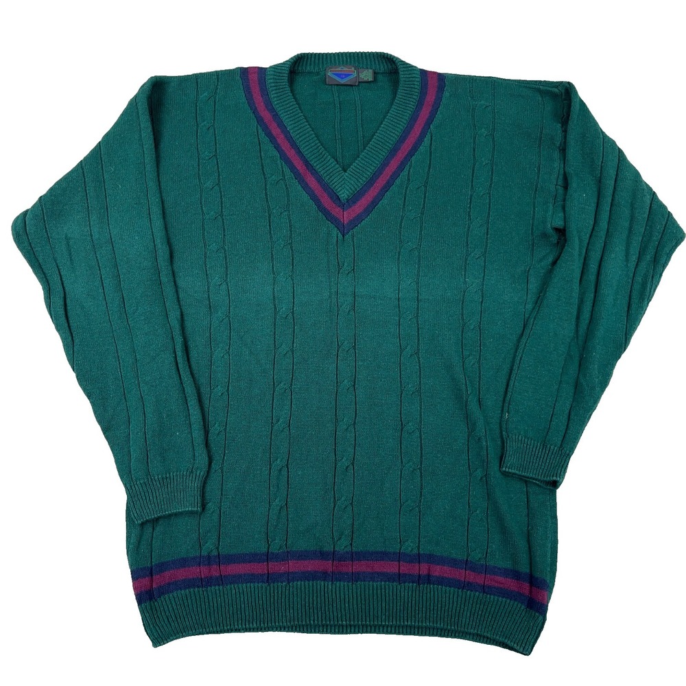 Vintage Cricket Sweater Men XLT Green Cable Knit 90s Deep V Neck Grandpa Tennis